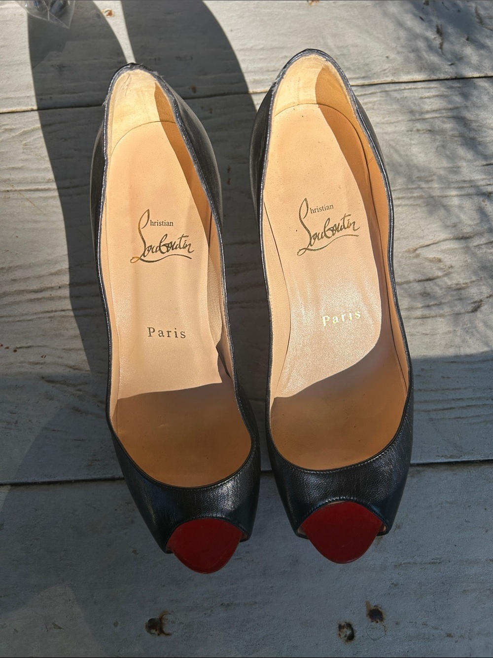 Christian Louboutin Black Leather Peep-Toe Pumps with Red Toe